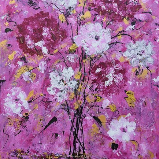 Pink white and gold abstract floral painting on canvas 20"x 30"