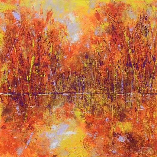 Original impressionist oil painting of a lake scenery during the fall season