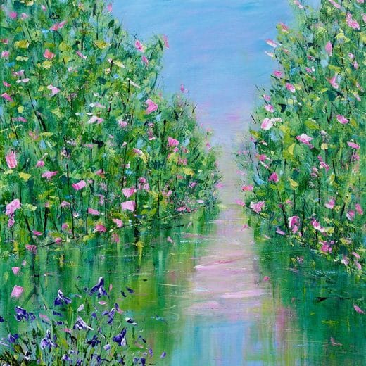 Peaceful impressionist landscape painting featuring blossoming trees in the spring reflecting in a lake with irises