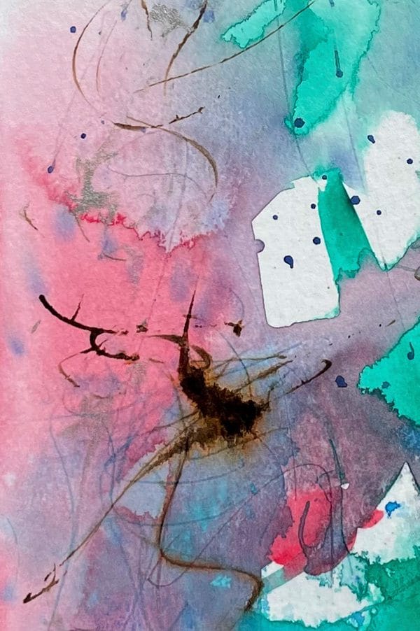 Small pink and green acrylic painting on watercolor paper