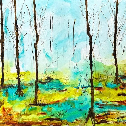 Abstract winter swamp landscape painting featuring bare trees, vibrant blue water, and shades of green and yellow, hand-painted with acrylics on watercolor paper.