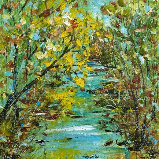 Peaceful landscape acrylic painting on watercolor paper size 8" x 10" featuring a river in the forest.