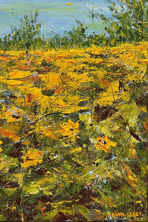 Add a touch of sunshine to your home with the sunflower landscape painting. Unique textures and rich colors create an inviting atmosphere!
