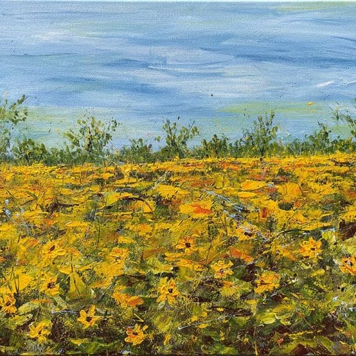 Impressionist landscape painting of a sunflower field