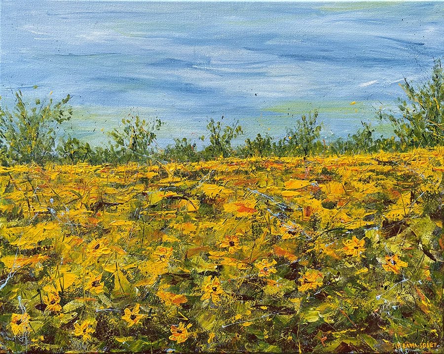 Impressionist landscape painting of a sunflower field