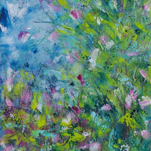 Handmade with oil and cold wax this original landscape painting features a garden in full bloom