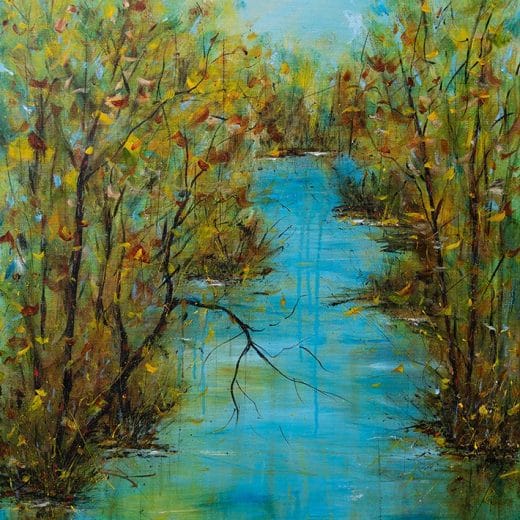 Serene impressionist landscape painting of a river surrounded by trees
