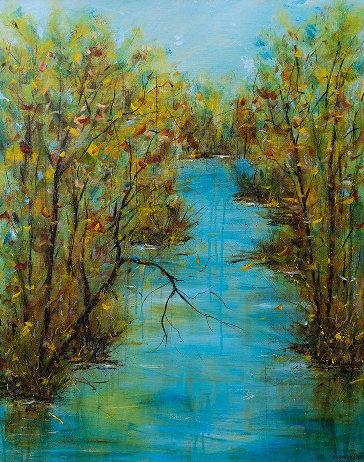 Serene impressionist landscape painting of a river surrounded by trees