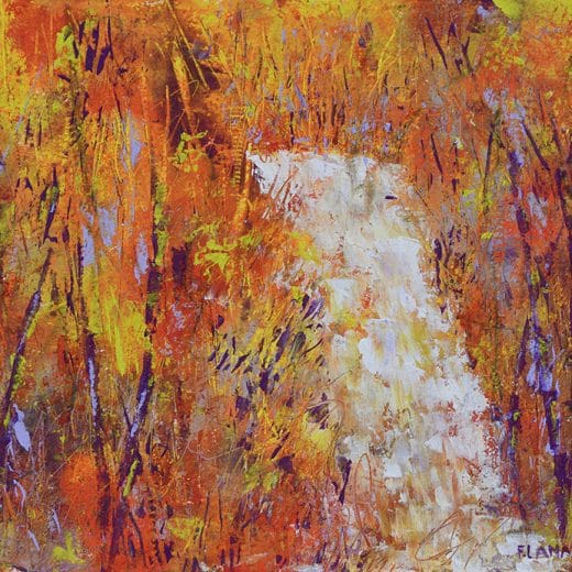 Original mixed media oil and cold wax painting of a waterfall in the forest with autumnal vibes