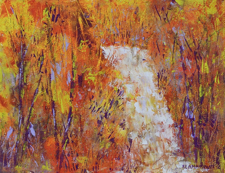 Original mixed media oil and cold wax painting of a waterfall in the forest with autumnal vibes