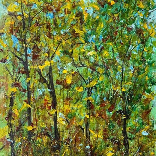 Original plein air acrylic painting of trees in the fall done on watercolor paper