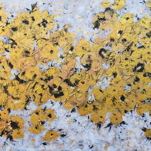 Gold, black and white abstract floral painting on canvas 30" x 40"