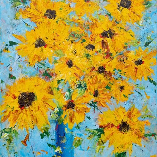 Dynamic original impressionist painting of a sunflower bouquet in a blue vase