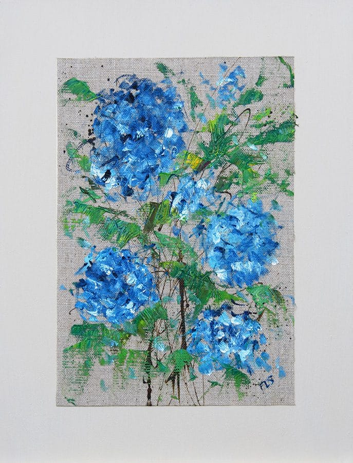 Oil painting of blue hydrangeas