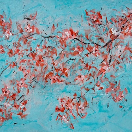 Teal and orange acrylic floral painting of cherry blossoms with a Japanese touch