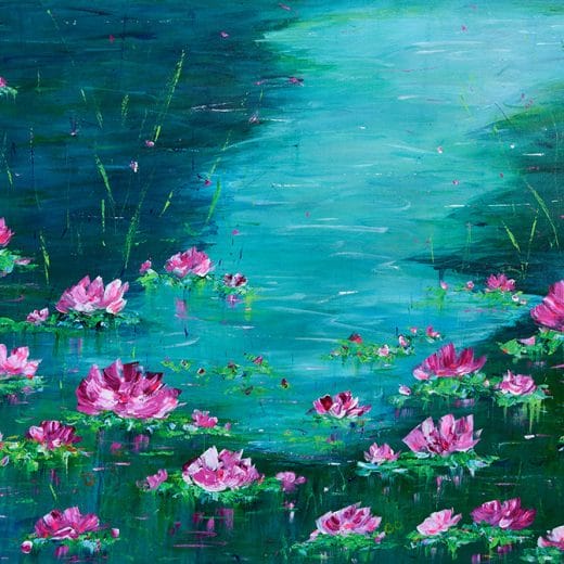 Vibrant impressionist painting of a water lily pond with pink lilies