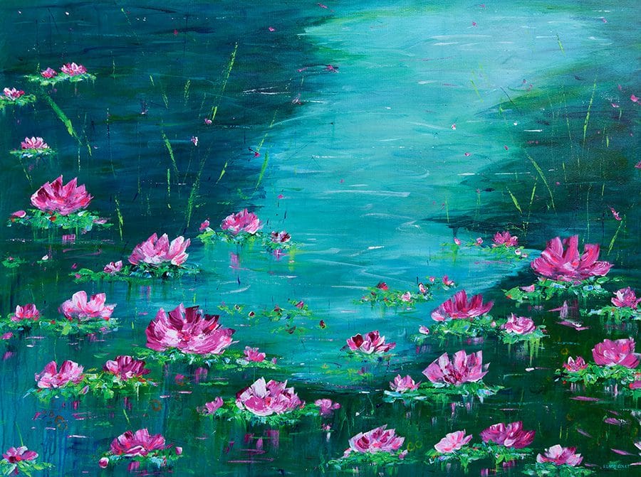 Vibrant impressionist painting of a water lily pond with pink lilies