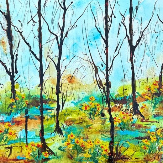 Vibrant abstract landscape painting featuring trees in swamps and daffodils