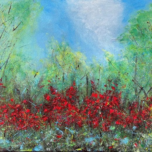 Vibrant impressionist landscape painting with red flowers