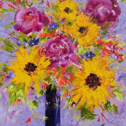 Vibrant impressionist still life painting of sunflowers and roses