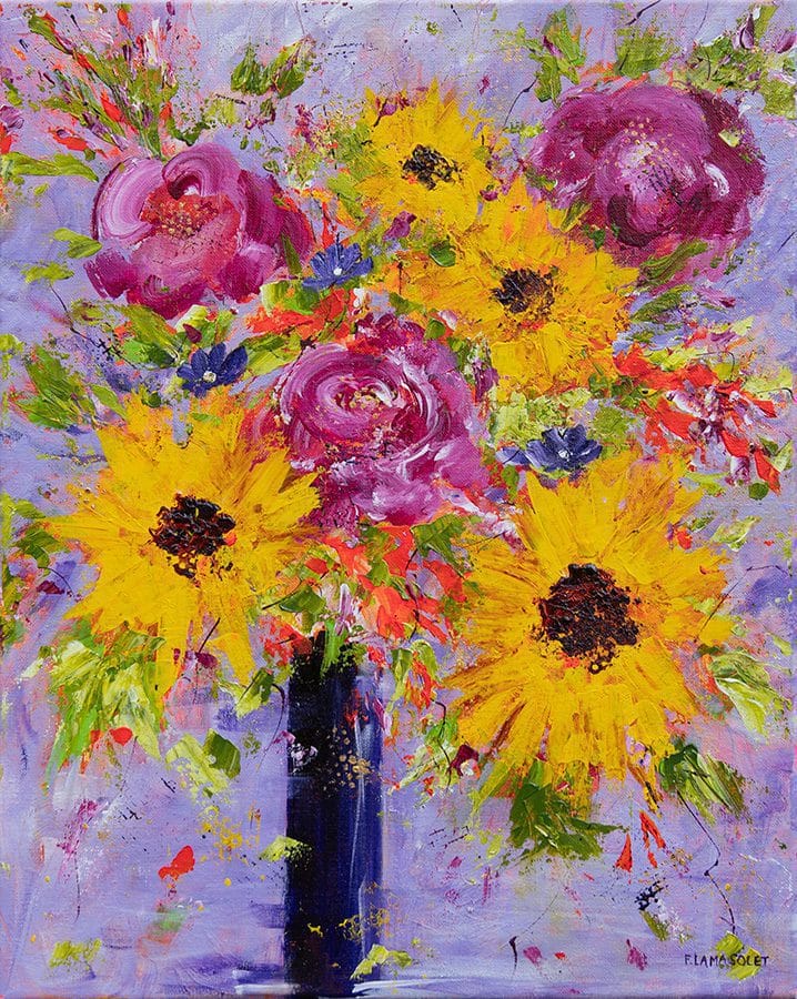 Vibrant impressionist still life painting of sunflowers and roses