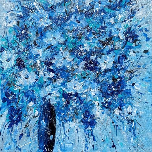 Monochromatic impressionist floral painting of a blue bouquet in a vase
