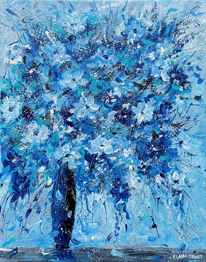 Monochromatic impressionist floral painting of a blue bouquet in a vase