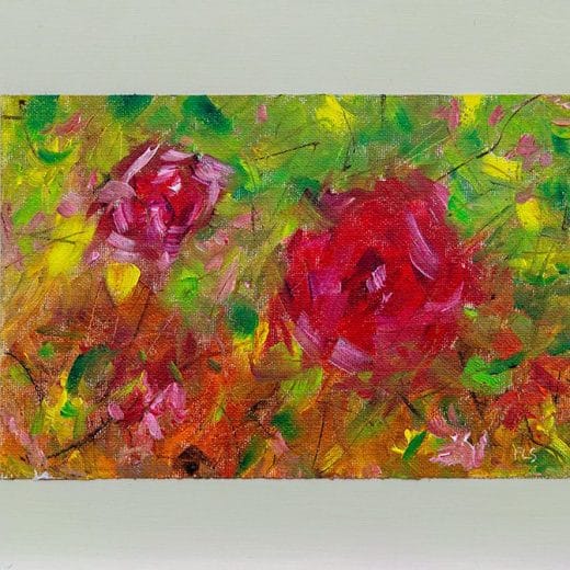 Original impressionist oil painting of a rose painting on linen and mounted on a wood panel