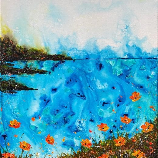 Vibrant acrylic seascape painting with ocean view and California poppies