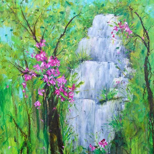 Original acrylic impressionist landscape painting featuring a waterfall in the rain forest