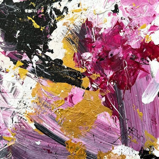 Vibrant pink, black, white and gold original abstract painting on canvas panel size 9" x 12"