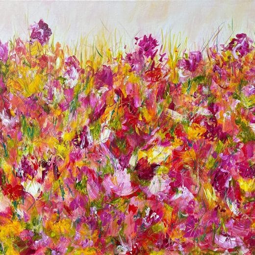 Vibrant and energetic impressionist landscape painting of a flower meadow