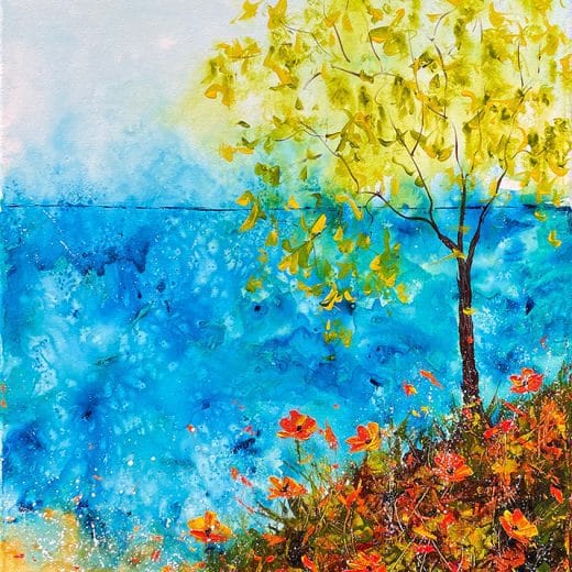 Original seascape painting with California poppies hand painted with vibrant colors