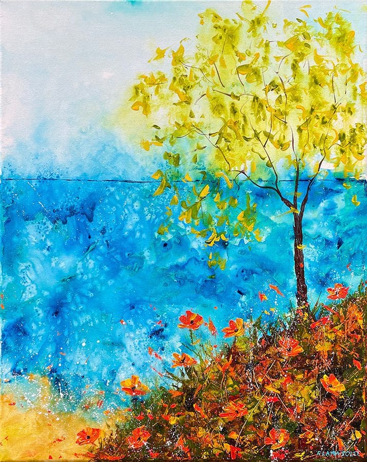Original seascape painting with California poppies hand painted with vibrant colors