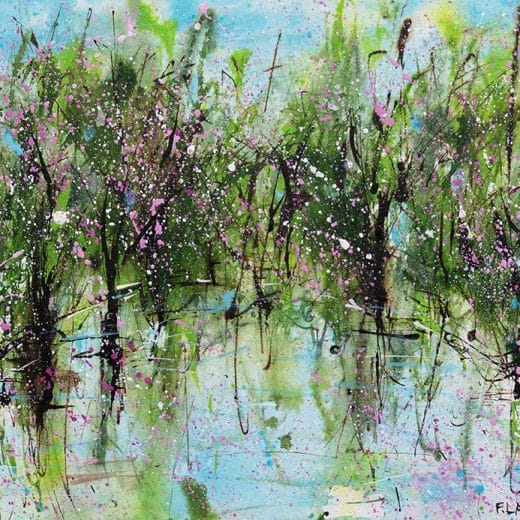 Dynamic original abstract landscape painting of cherry blossoms reflecting in a pond.