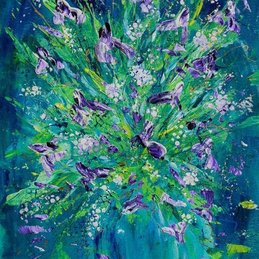 Original impressionist painting of an iris bouquet in a blue vase.
