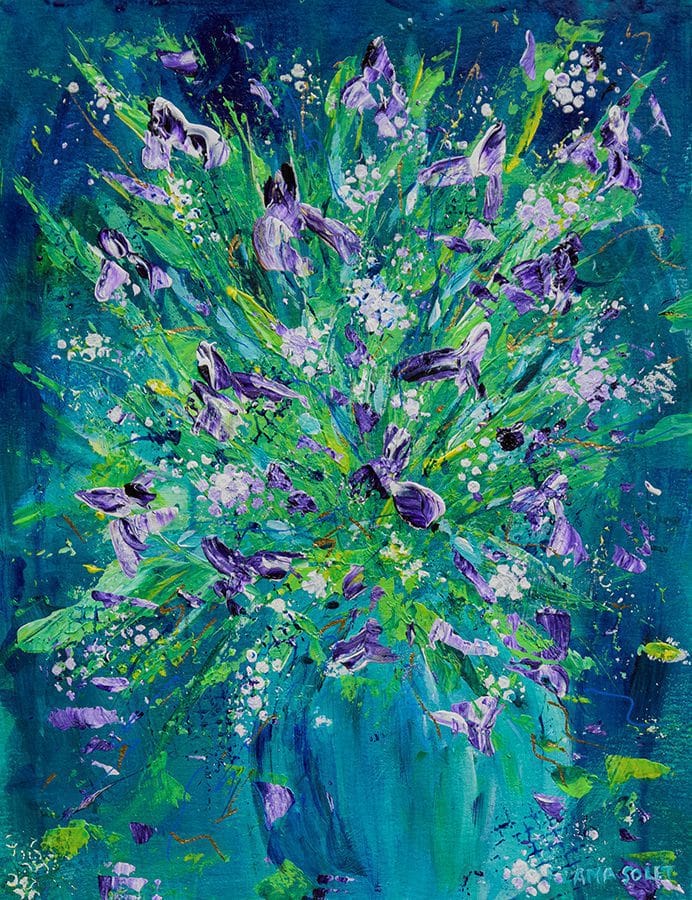Original impressionist painting of an iris bouquet in a blue vase.