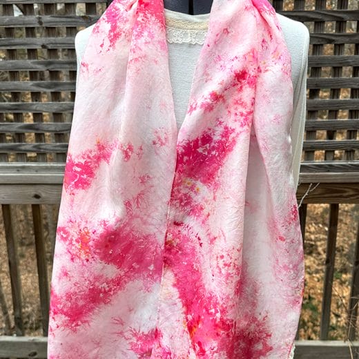 Women's wearable art pink and white hand ice dyed silk scarf