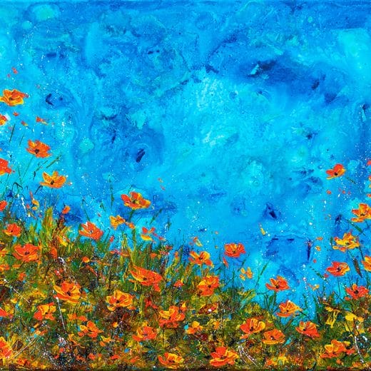 Seascape painting featuring a coastal view with California poppies.
