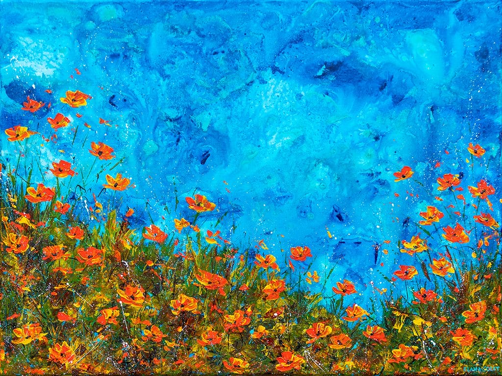 Seascape painting featuring a coastal view with California poppies.
