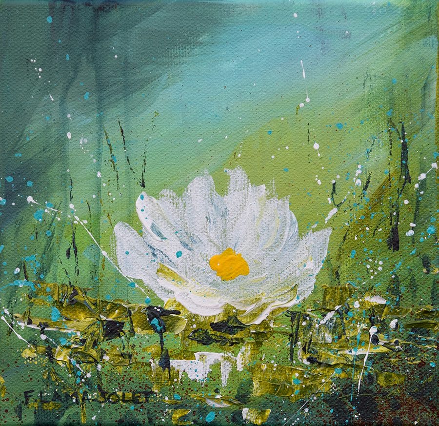 Original impressionist painting of a water lily pond hand painted with acrylics on a canvas size 6" x 6"