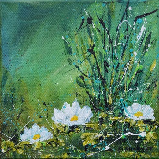 Small Impressionist artwork of a water lily pond with white lilies hand painted on a canvas size 6" x 6"