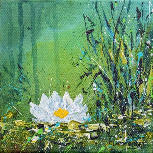 Impressionist water lily pond painting hand painted with acrylics on a canvas 6" x 6"