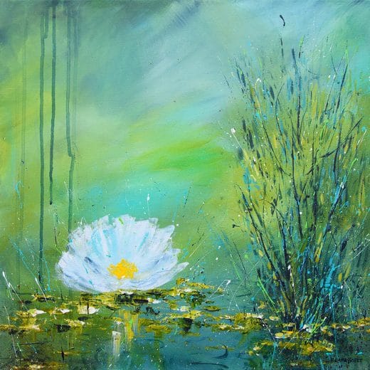 Contemporary impressionist painting of a waterlily pond hand painted with acrylics on canvas 20" x 20"