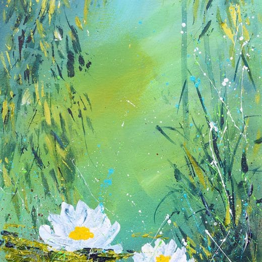 Original acrylic painting of an impressionistic water lily pond hand painted on water color paper size 8" x 10"