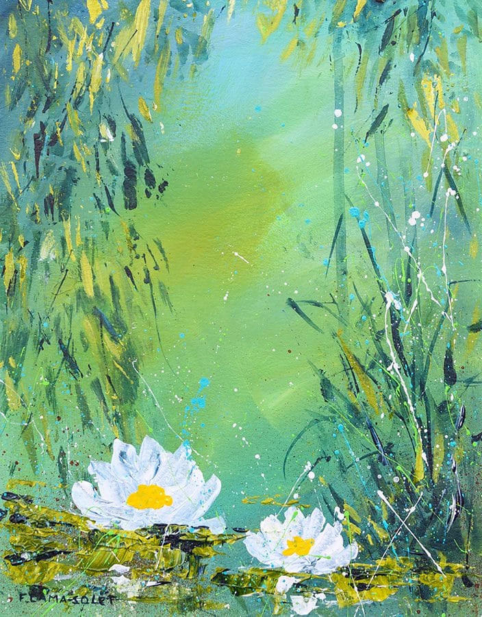 Original acrylic painting of an impressionistic water lily pond hand painted on water color paper size 8" x 10"