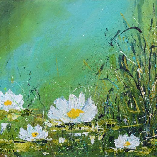 Original impressionist acrylic painting of a tranquil water lily pond painted on watercolor paper 8" x 10"