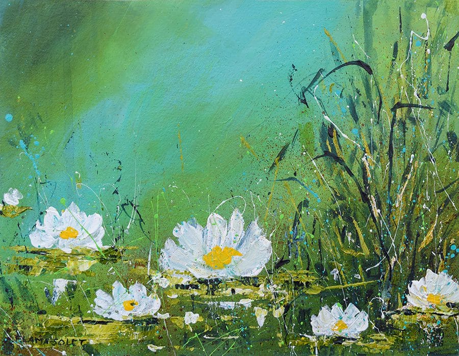 Original impressionist acrylic painting of a tranquil water lily pond painted on watercolor paper 8" x 10"