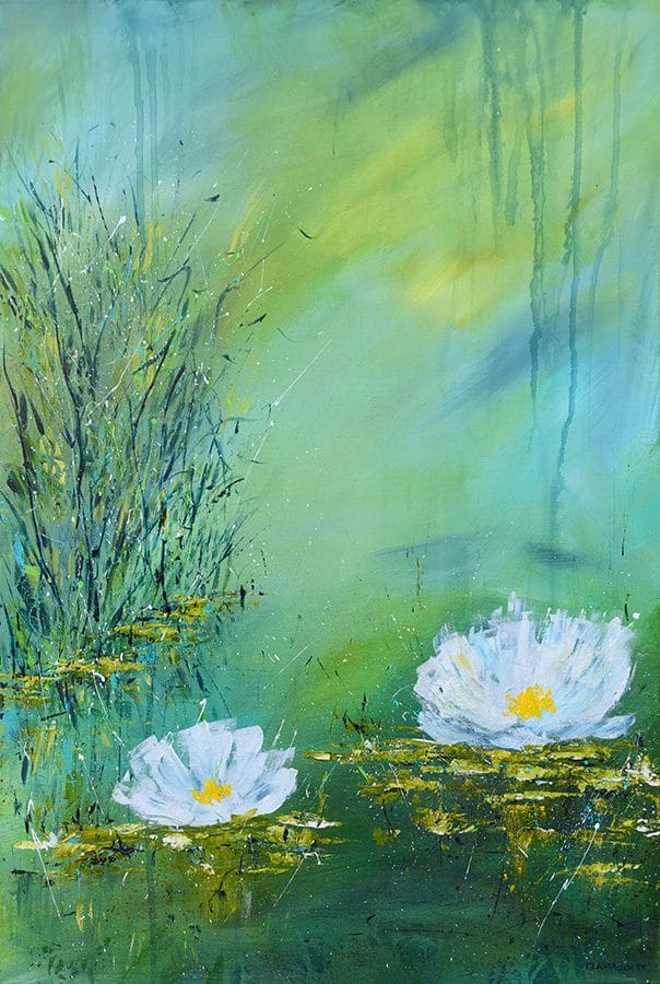 Original acrylic painting of a waterlily pond on canvas 20" x 30"