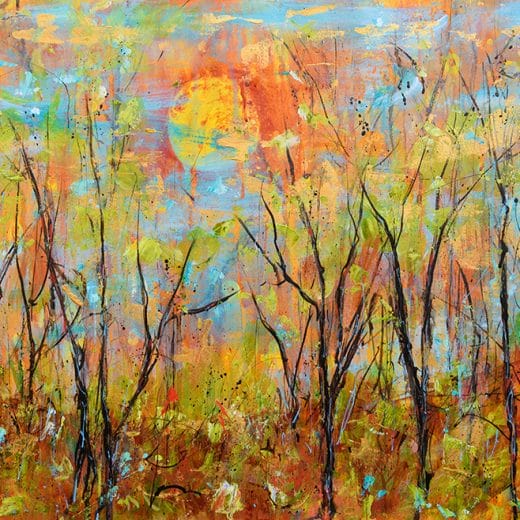 Original impressionist landscape painting of a forest during a sunset and the fall season